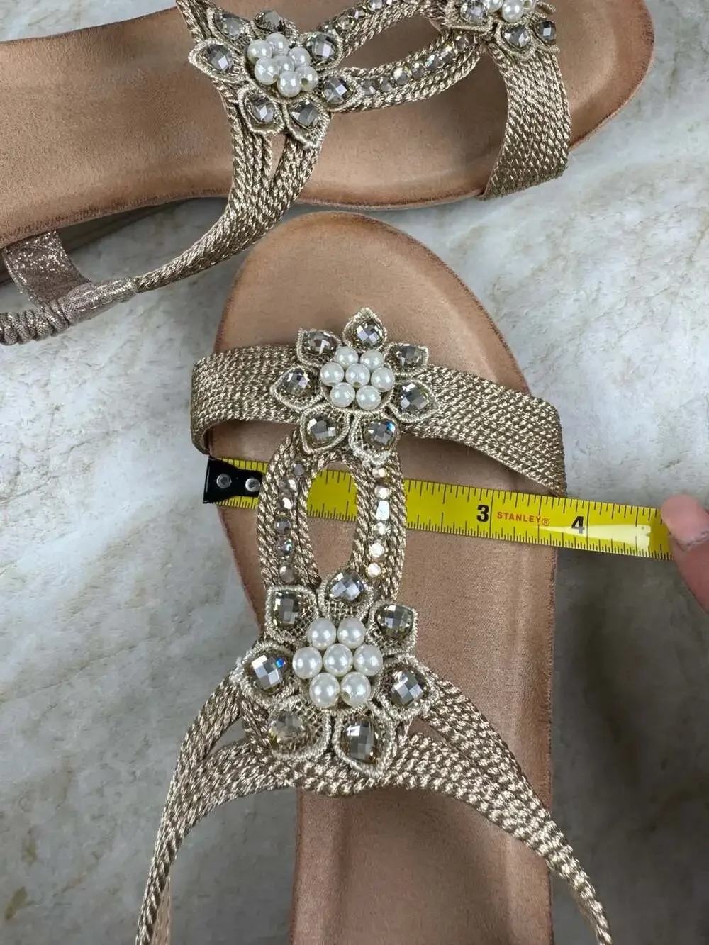 SHIBEVER Champagne Rhinestone Low Wedge Sandals Elastic Strap Women’s EU 40